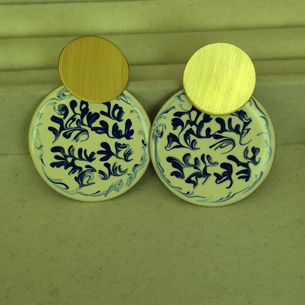 Hand Painted Gold And Blue Floral Large Earrings By Ana Luisa